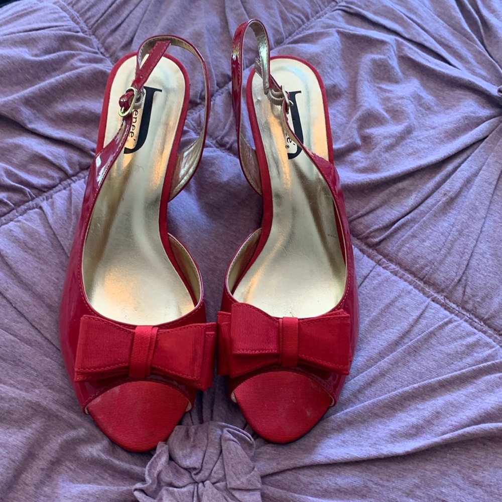 J.Renee JKtissue red patent wedge strap pies. Worn twice